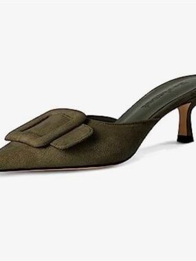 Fericzot Olive Suede Pointed-Toe Buckle Mule